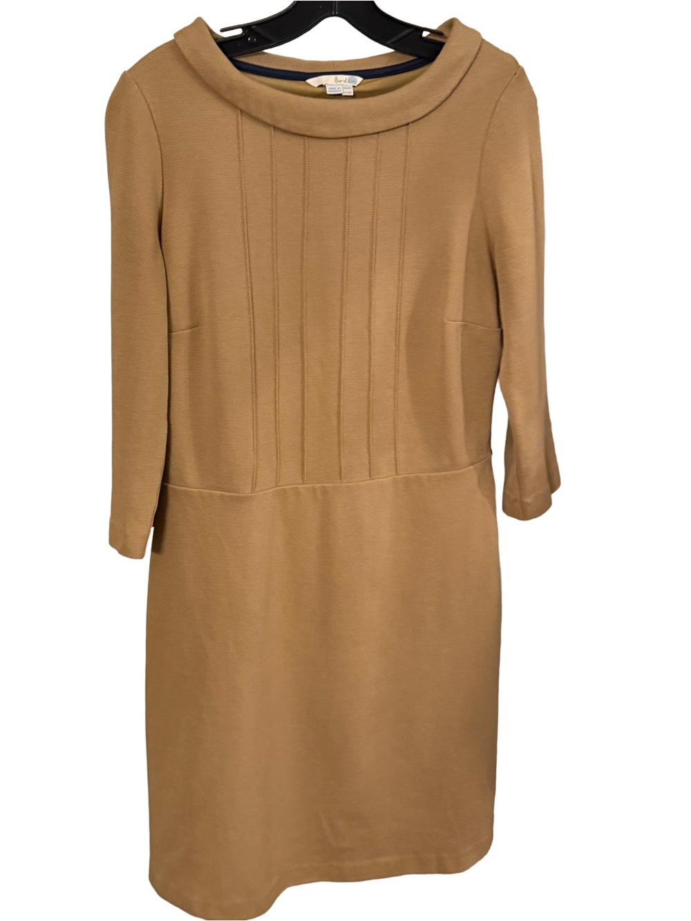 Boden Vintage Inspired Sheath Dress Camel  Rolled Collar Pintucked Bodice Sz 10